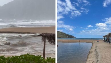 Lagoa que se rompeu, formou 'cascata' na areia e se uniu ao mar volta a fechar em Florianópolis; antes e depois