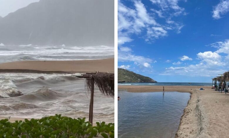 Lagoa que se rompeu, formou 'cascata' na areia e se uniu ao mar volta a fechar em Florianópolis; antes e depois