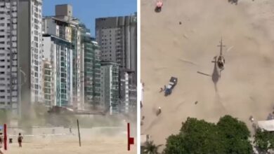 VÍDEO: Helicóptero faz pouso em faixa de areia de praia em Balneário Camboriú e cena repercute