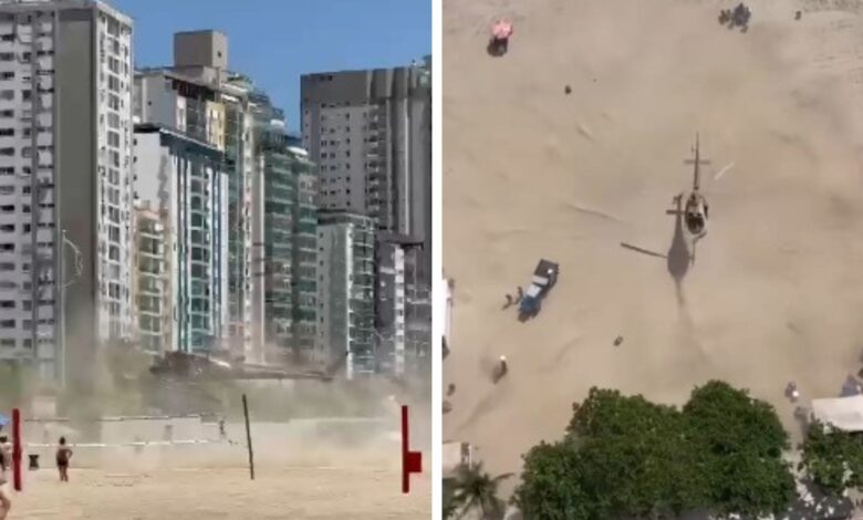 VÍDEO: Helicóptero faz pouso em faixa de areia de praia em Balneário Camboriú e cena repercute