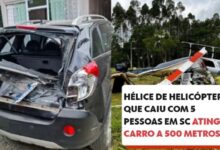 Hélice de helicóptero que caiu com 5 pessoas em SC atinge carro a 500 metros de distância; VÍDEO