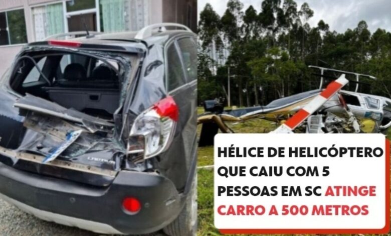 Hélice de helicóptero que caiu com 5 pessoas em SC atinge carro a 500 metros de distância; VÍDEO